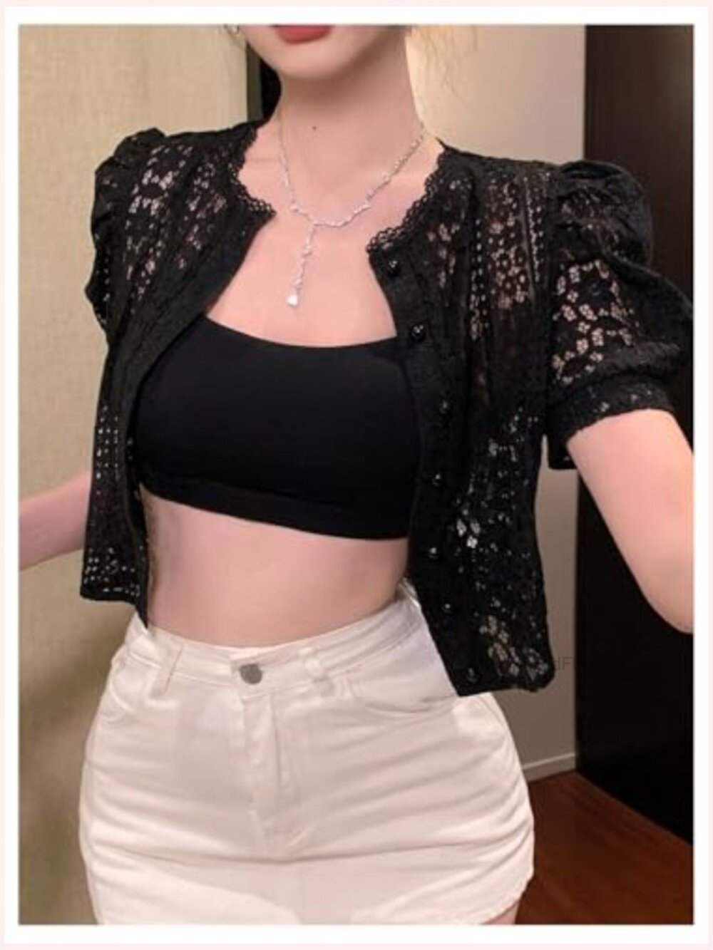 Sheer Mesh Lace Button Down Crop Top Puff Sleeve Elegant Blouse - Picture 2 of 5